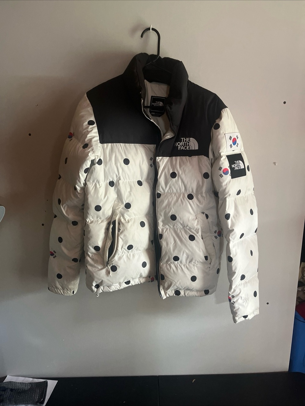 The North Face White Puffer Jacket with Black Polka Dots